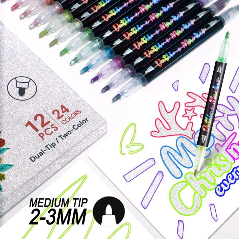 Pack of 12Pcs Assorted Colors Colorful Outline Pens Glitter Pens Set Kids Double Line Outline Pens for Arts and Crafts