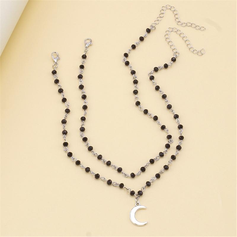 Fashionable Beaded Necklace Moon/Crucifix Pendant Collarbone Chain Elegant Double Layer Neckchain Choker Acccessory