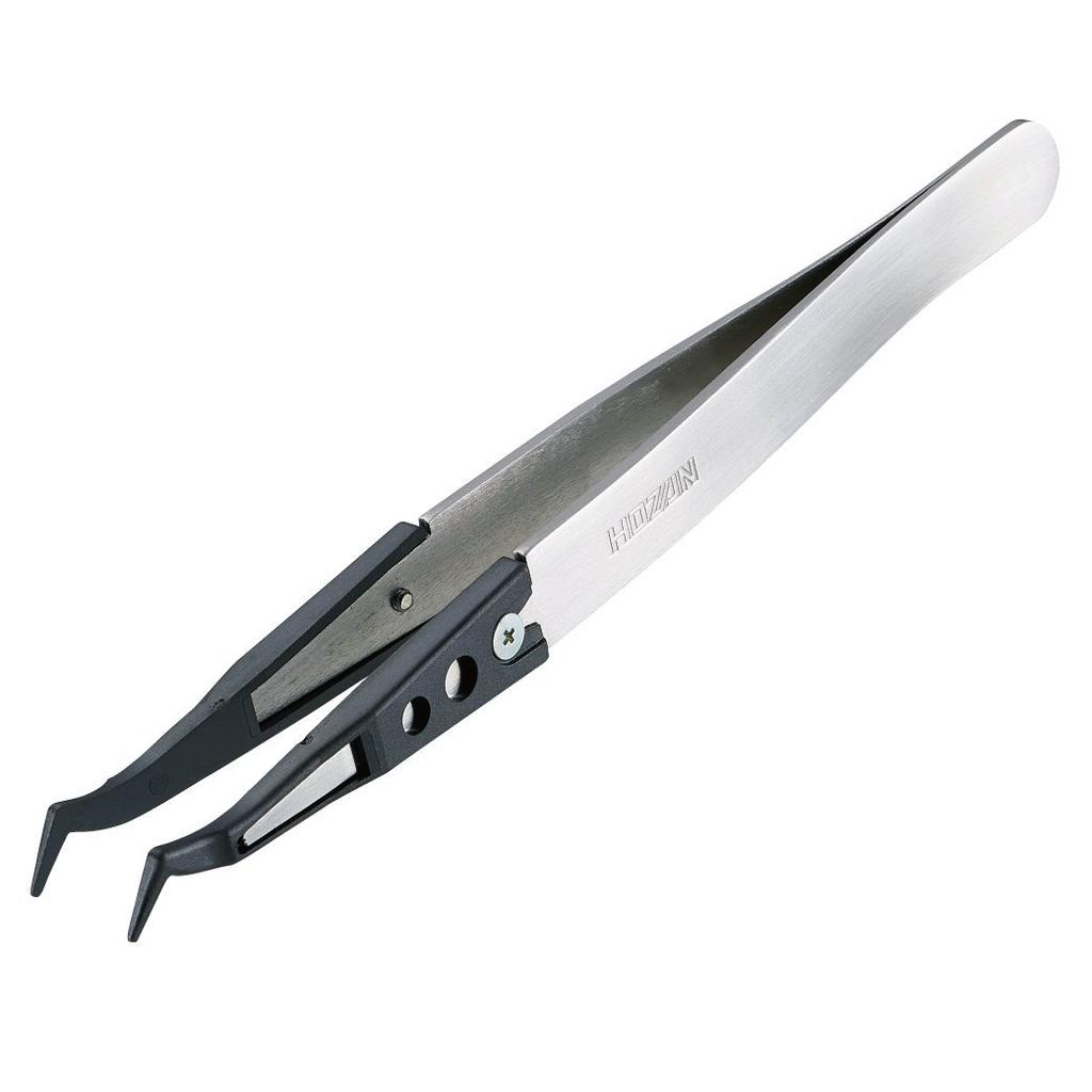 HOZAN ESD Tip Tweezers, Anti-Static, 1.0mm Tip Width (R-Shaped), 125mm Length, Stainless Steel, Tip: PEEK P-642-S