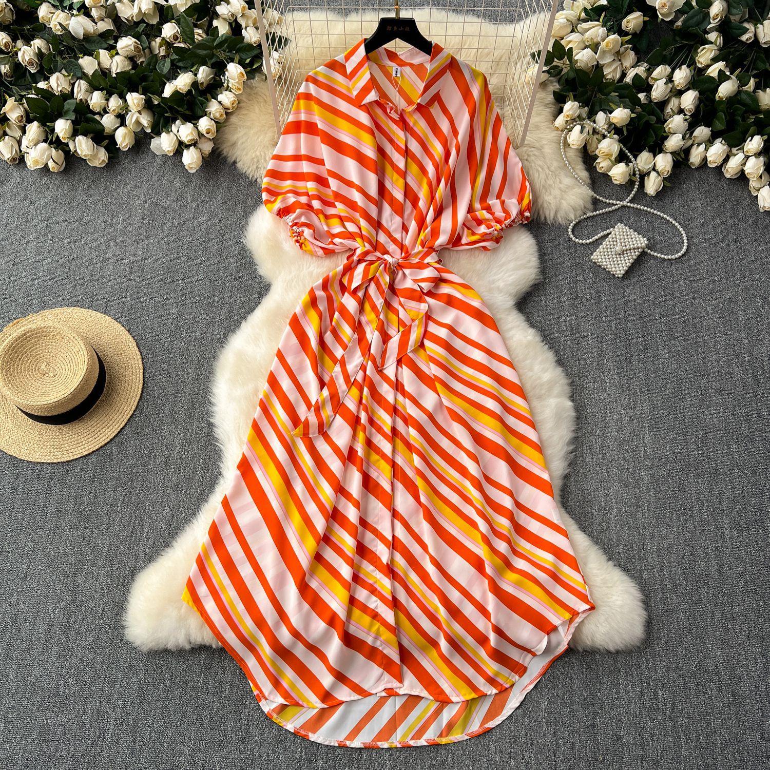 

Женские летние однобортные полосатые рубашки с завязками на талии, длинные платья one size оранжевый