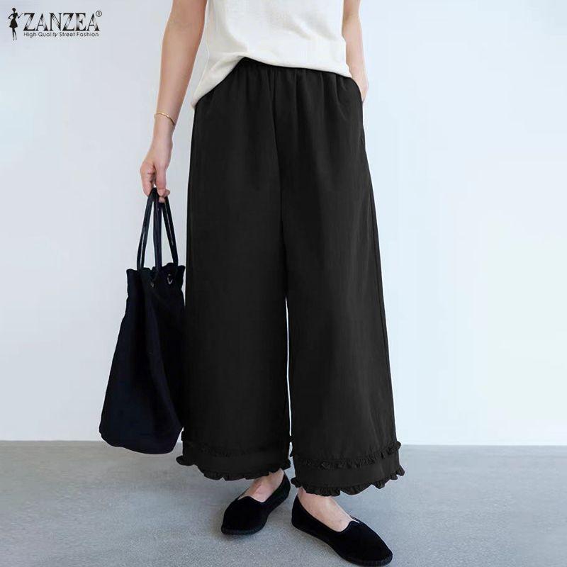 ZANZEA Damen Lässige Elastische Taille Lockere Cropped Hose
