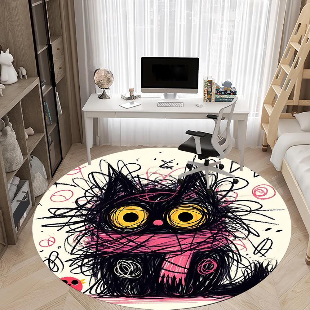 1pc Whimsical Feline Office Round Area Rug, Indoor Mat Suitable ForOffice, Under Office Chairs Bedroom Living Room Home Decor, Room Deco u44