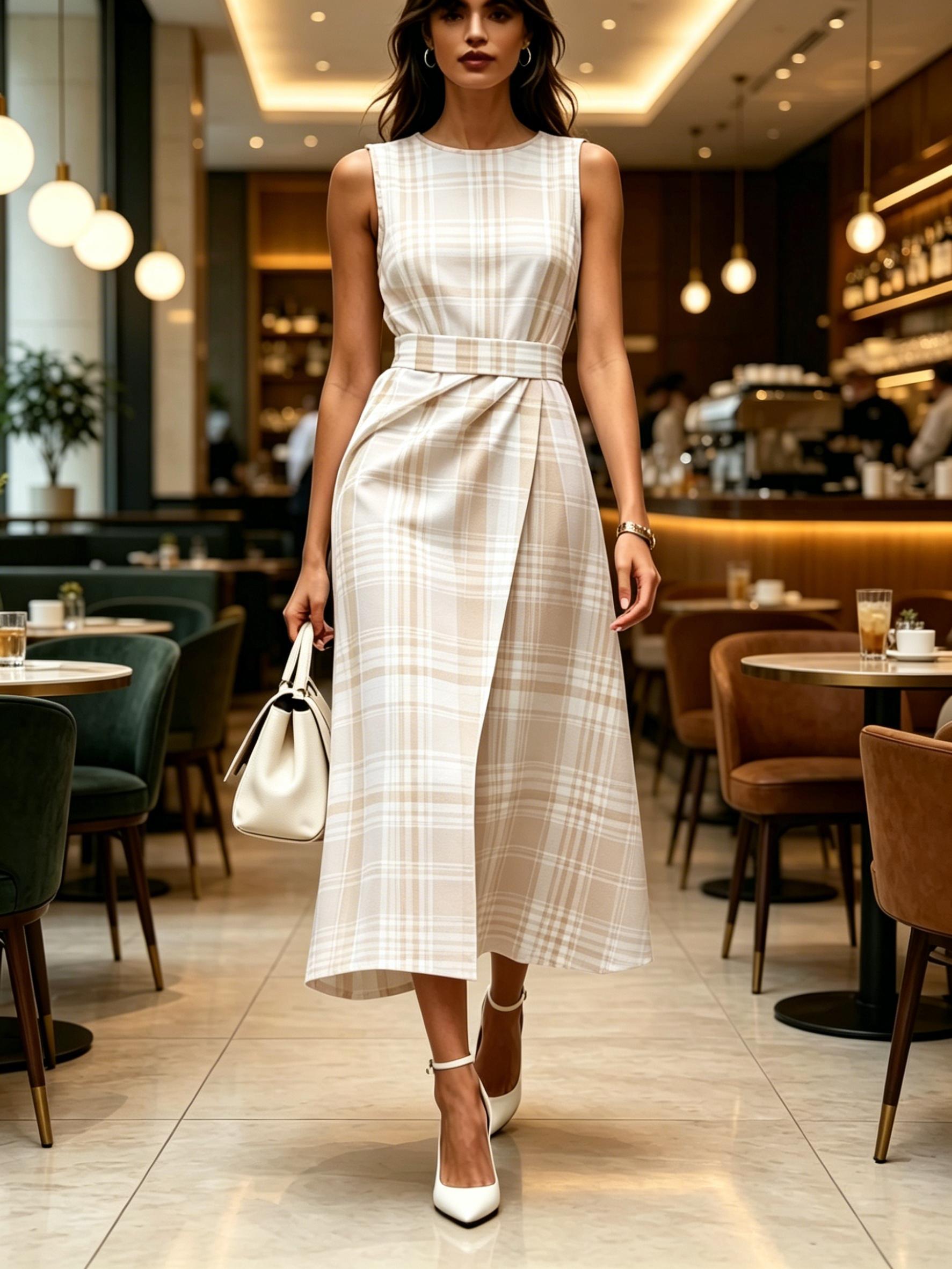 

Round neck sleeveless midi dress with beige plaid print modern elegant casual fashionable womens clothing for spring summer and autumn XXS