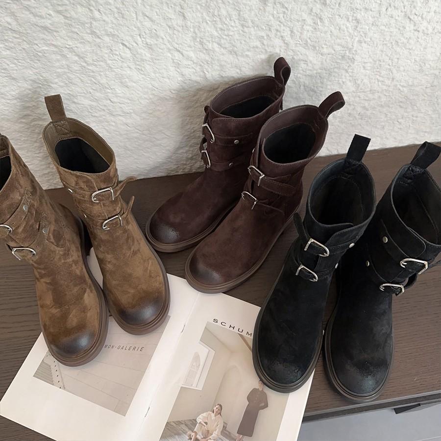 Sheepskin version~ retro polished belt buckle western cowboy boots slim short boots women's Maillard Martin boots locomotive boots