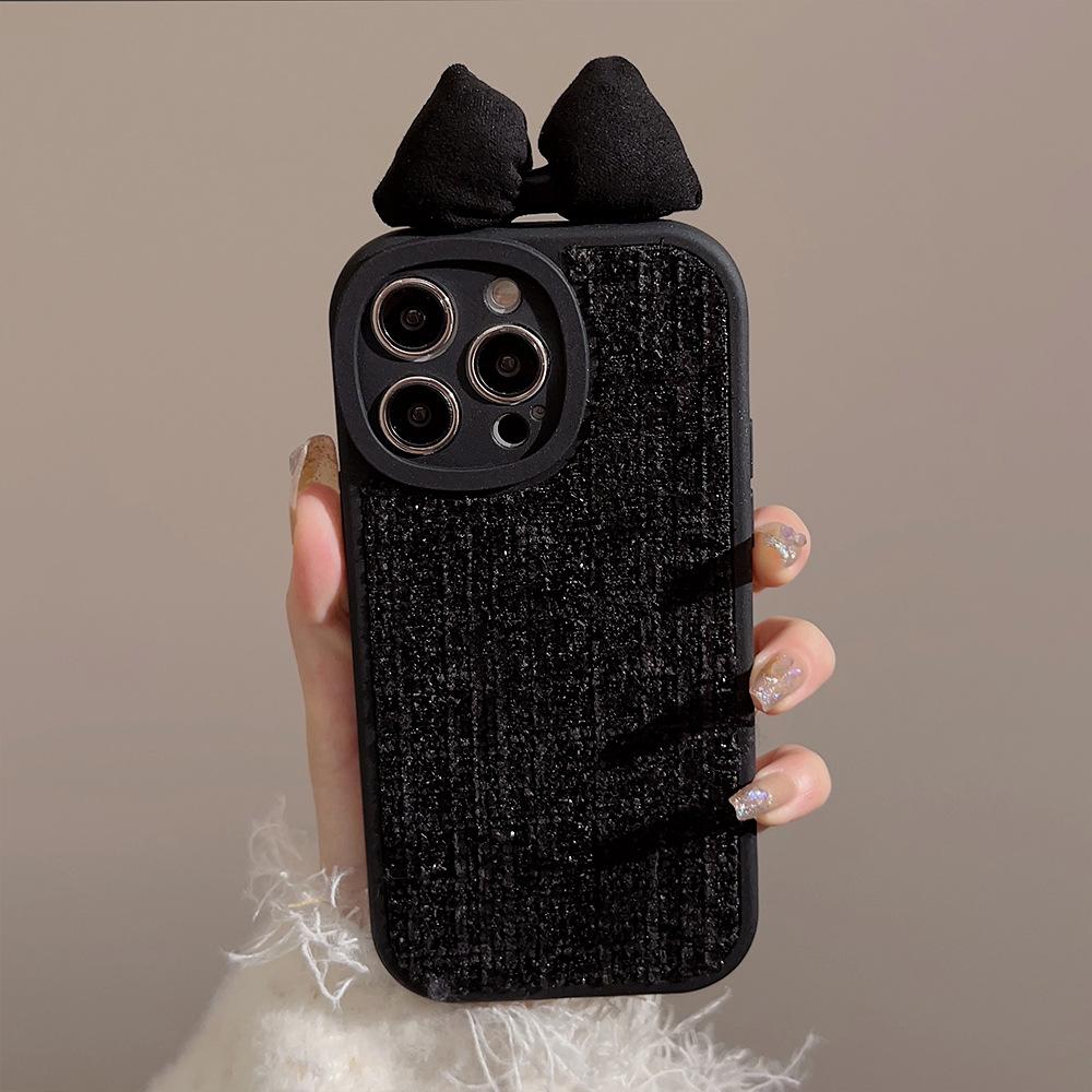 Black Small Fragrance Bow IPhone 16 Apple 13 Mobile Phone Case 15promax Light Luxury 11 Suitable for 11 Velvet 12