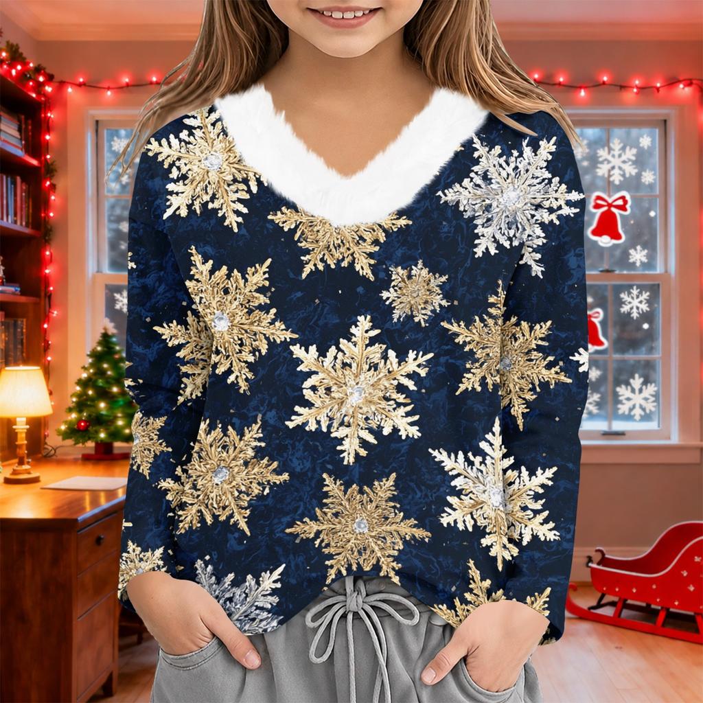 Girls' V-Neck Christmas Print Long Sleeve Thermal Shirt for Winter Base Layer