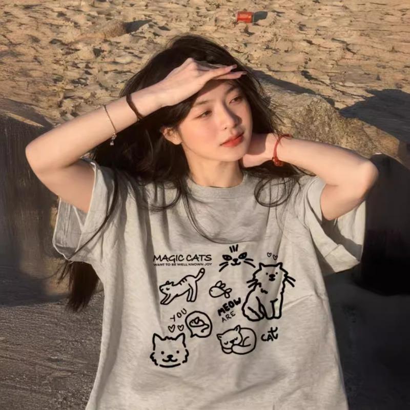 Summer Harajuku Style Lovely Printing Pullover Cotton T-shirt Ladies Short Sleeve Vintage Simple All-match Tee Top
