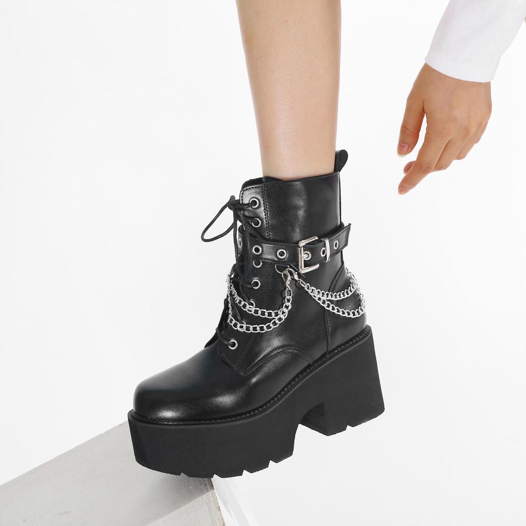 Gdgydh Modern Boots Woman Shoes Gothic Metal Decoration Black Boots Women Heel Sexy Chain Chunky Heel Platform Footwear Zipper