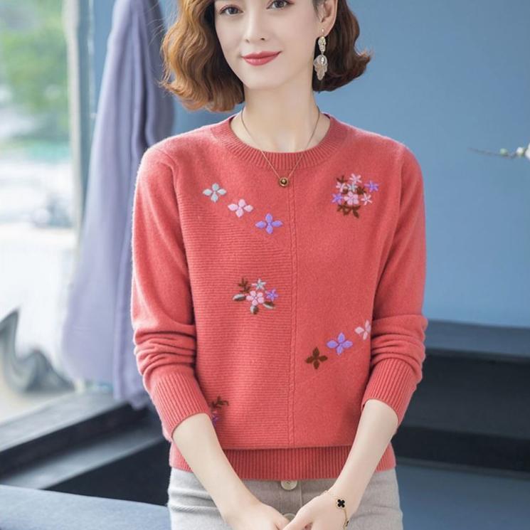 Women's Crew Neck Sweater Embroidered Loose Pullover Knitwear Soft Stretch Knit Top Spring Autumn