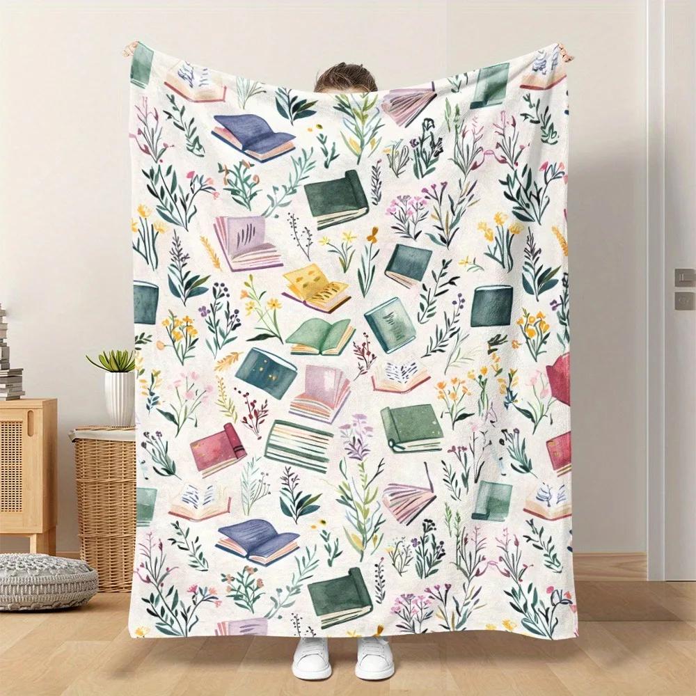 

1PC Watercolor Books & Wildflowers Pattern Blanket – for Sofa, Bed, Travel, Camping, Living Room, Office Chair, All-Season Décor 130x150cm(51x59in)