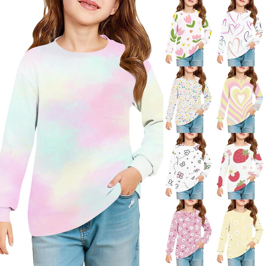 Kids Long Sleeve Printed Round Neck T-Shirt with Pocket Casual Top