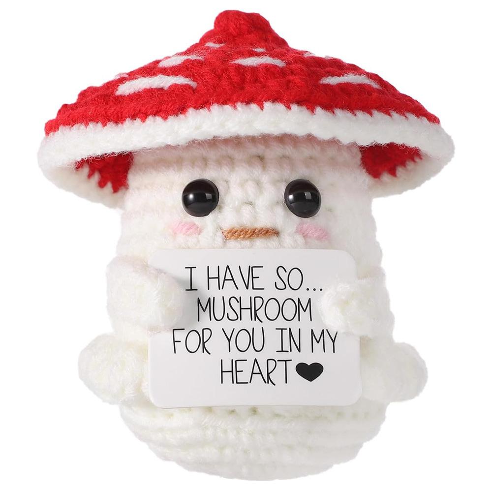 Crochet Positive Energy Mushroom Hug Pocket Doll Mini Handmade Plush Knitted Plant Ornament Home Room Decoration Christams Gift
