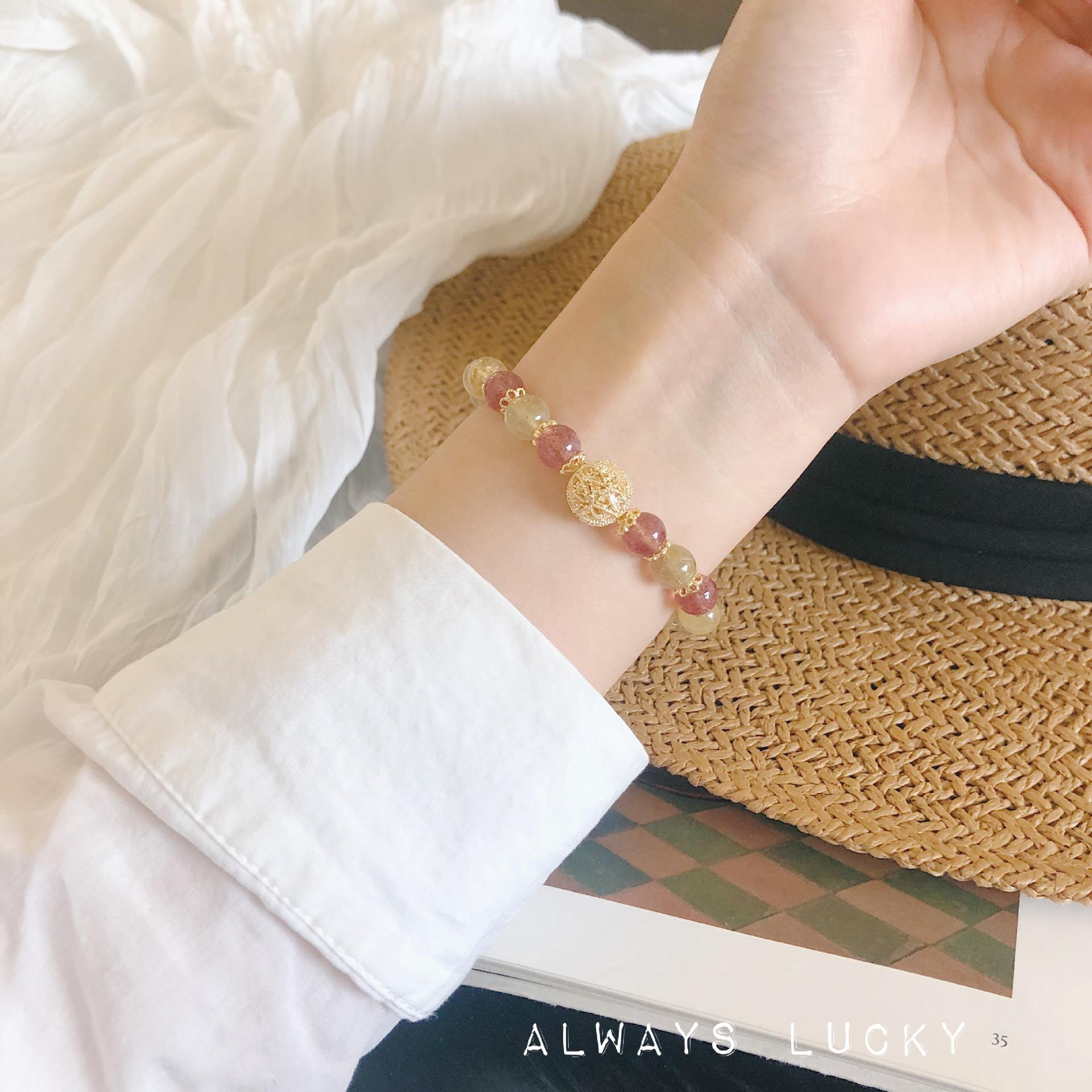 

Sparkling Fairy-like, Attractive, Wealthy, Peach Blossom Natural Golden Rutilated Quartz Strawberry Quartz Crystal Friendship Bracelet for Women