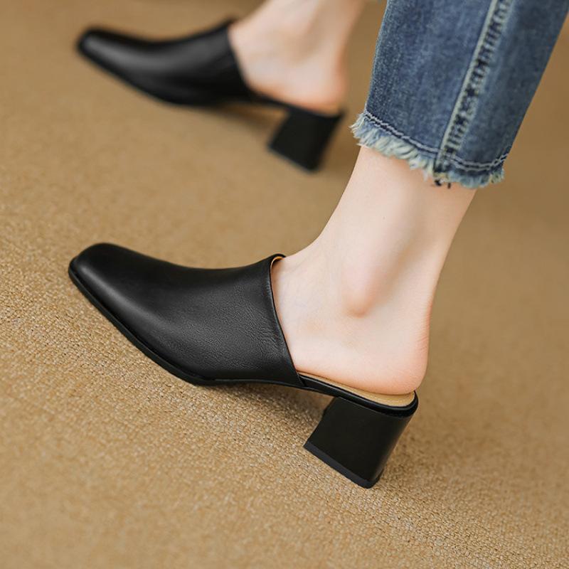 Summer Comfortable Bag Head Slippers Casual Solid Color New High-heeled Slippers Women's Beef Tendon Soft Bottom Soft Leather Cool Slippers