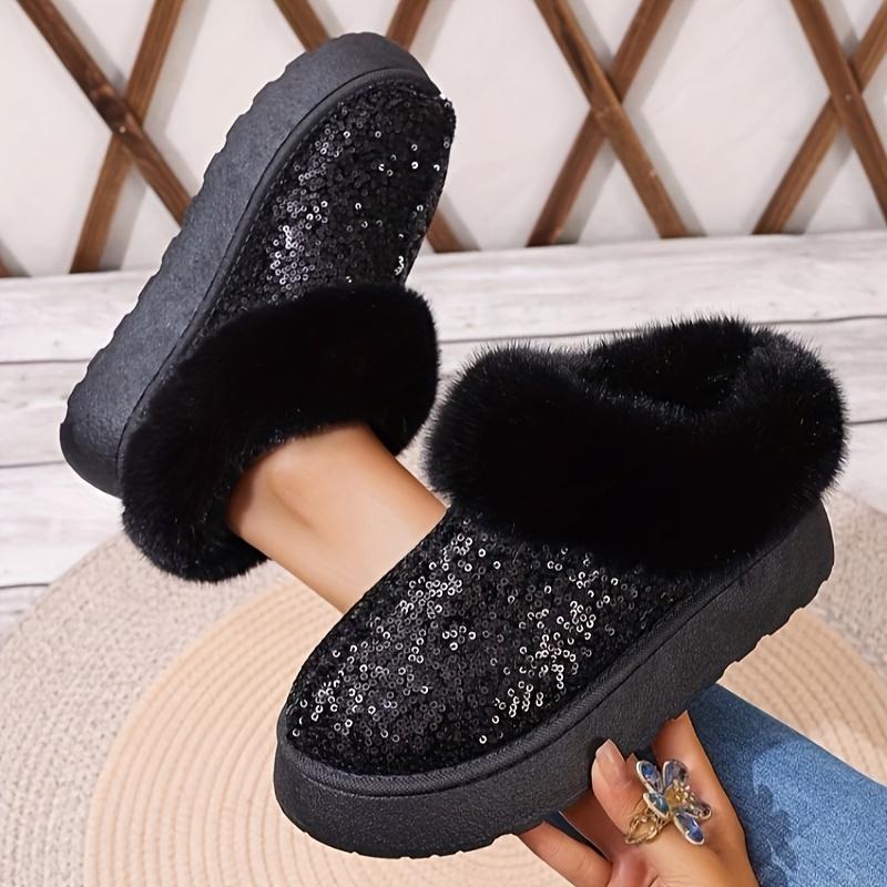 

Женские массивные ботинки с пайетками, модные ботинки с плюшевой подкладкой, удобные зимние ботильоны 38 чёрный