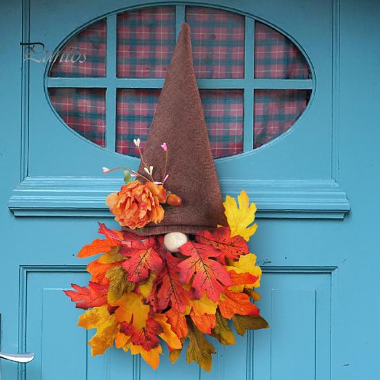 Thanksgiving Fall Gnome Wreath Pointed Hat Realistic Maple Leaves Flower Indoor Outdoor Wall Door Hanging Autumn Artificial Garland Harvest