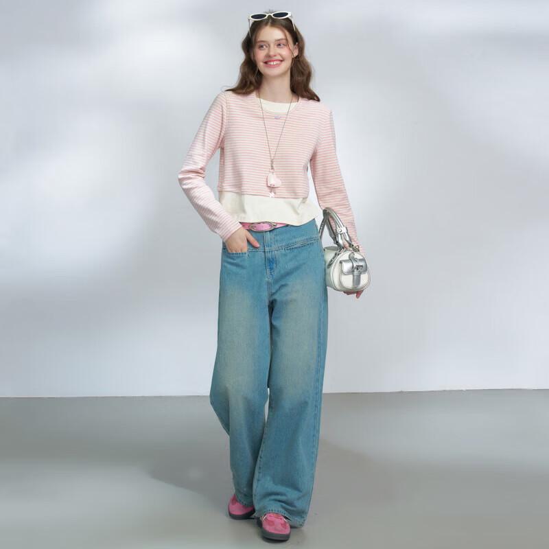 A02 Gestreiftes Damen-Langarm-T-Shirt mit Fake-Layer-Look