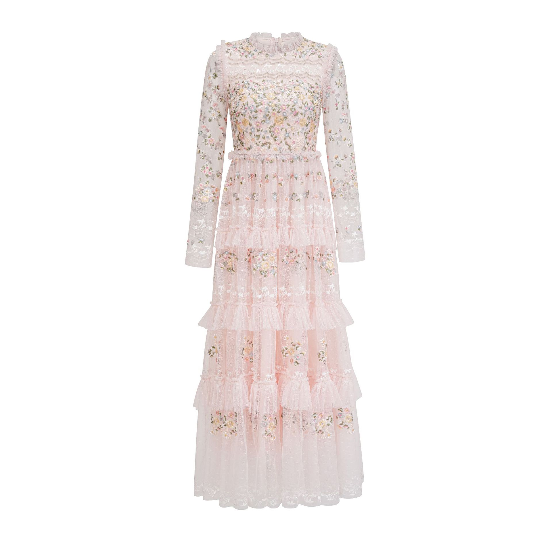 

Весенне-летнее платье с вышивкой феи, газовое, с круглым вырезом, приталенное, с юбкой-маятником XXL розовый