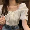 WTEMPO Women Summer Solid Retro Bandage Design Slim Cropped Tops Korean Style Ladies Elegant College Shirts