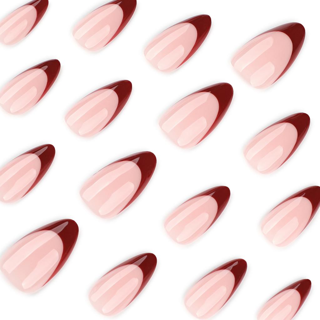 24Pcs French Wine Red Almond Press On Nails Durable Scratch Resistant Manicure Tool For Party Wedding Daily Use