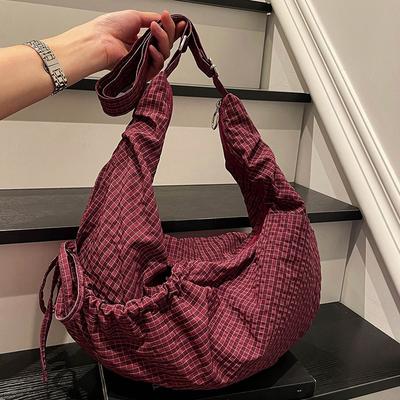 Lazy Wind Croissant Bag Large Capacity Canvas Bag Pleated Plaid Nylon Bag Commuter Shoulder Messenger Bag
