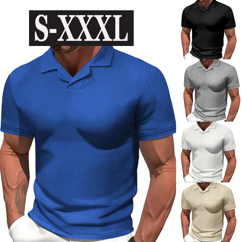 Summer Men's Casual Short Sleeve T-shirt Solid Color Waffle Plaid Slim Business Casual Shirt Outdoor Sports Pullover POLO Shirt
