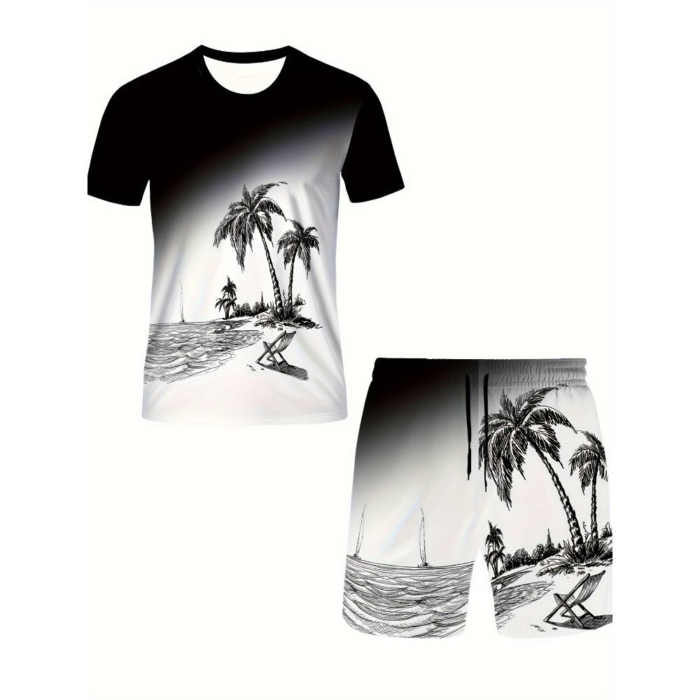 Summer Series Men's Gradient Coconut Tree Print Breathable Round Neck T-shirt Shorts Set Outdoor Two-piece Set