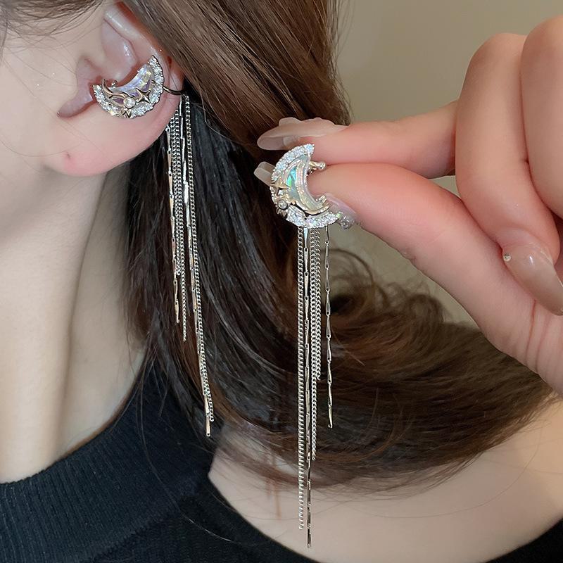Silver Needle Star & Moon Tassel Ear Clips: Shiny Zircon, Sweet & Cool Style, Non-Pierced