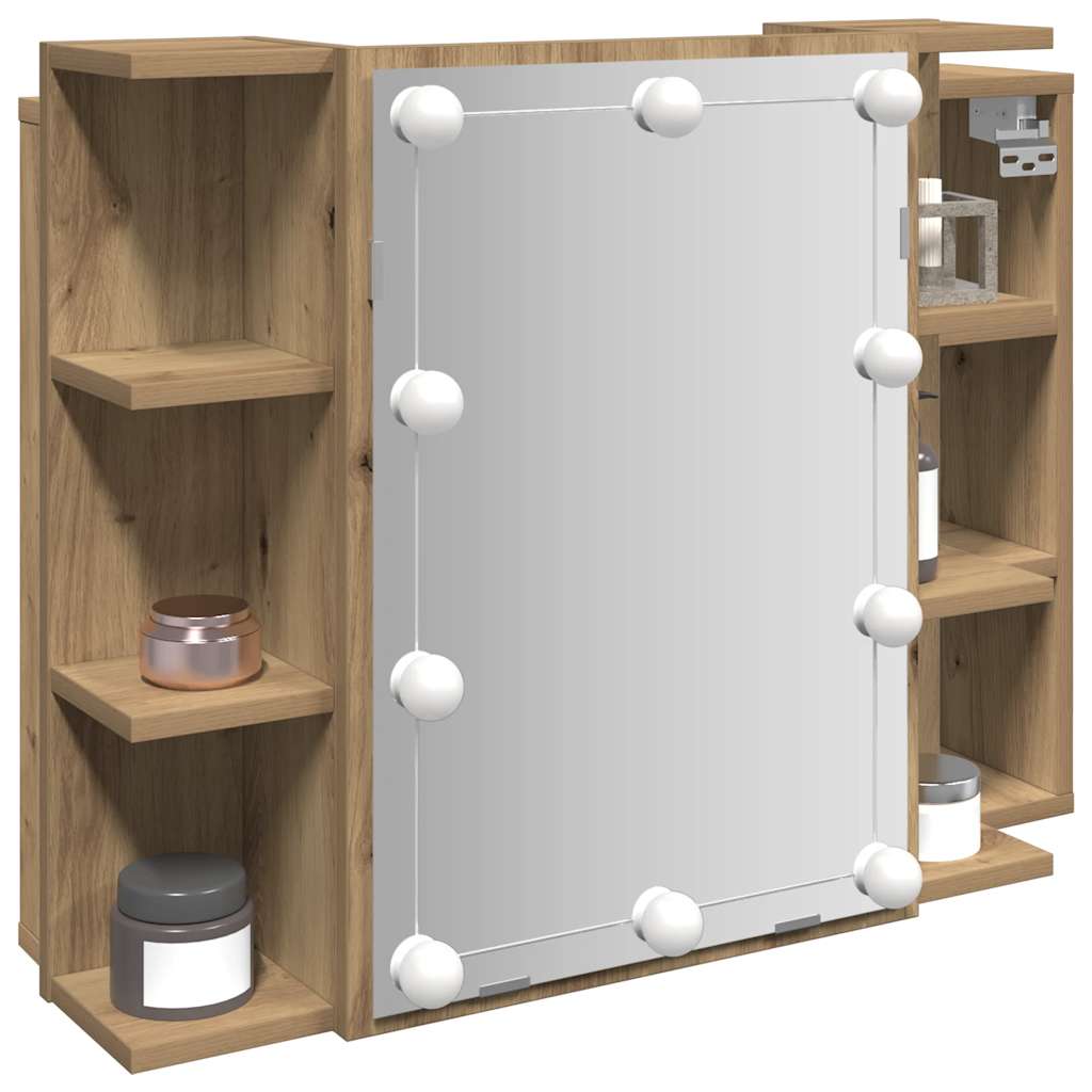 Mirror Cabinet with LED Lighting Artisan Oak Finish 70 X 16.5 X 60 Cm