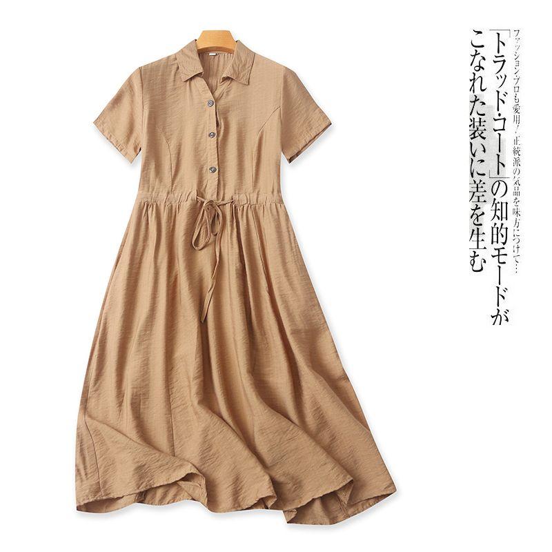 Cotton and Linen Shirt Dress Summer New Arrival Women's Flip + V-neck Buttons Pullover Short Sleeve Shoelace Waist Midi Dress 29071
