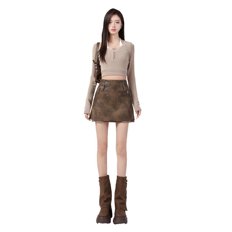 T98 Brown High-Waisted Leather Midi Skirt - Retro Distressed Style for Autumn/Winter