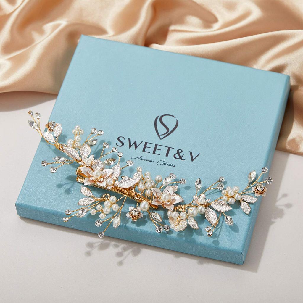 SWEETV Gold Wedding Hair Clip Comb Handmade Bridal Hair Accessories for Women Wedding