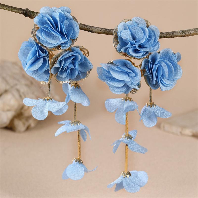 Pink Mesh Flower Long Tassel Pendant Earrings for Women Elegant Metal Petals Romantic Earring Beach Vacation Jewelry