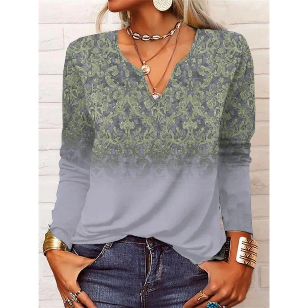 GMXIA Autumn Loose Long Sleeve Flower Bold V-neck T-shirt Base for Women