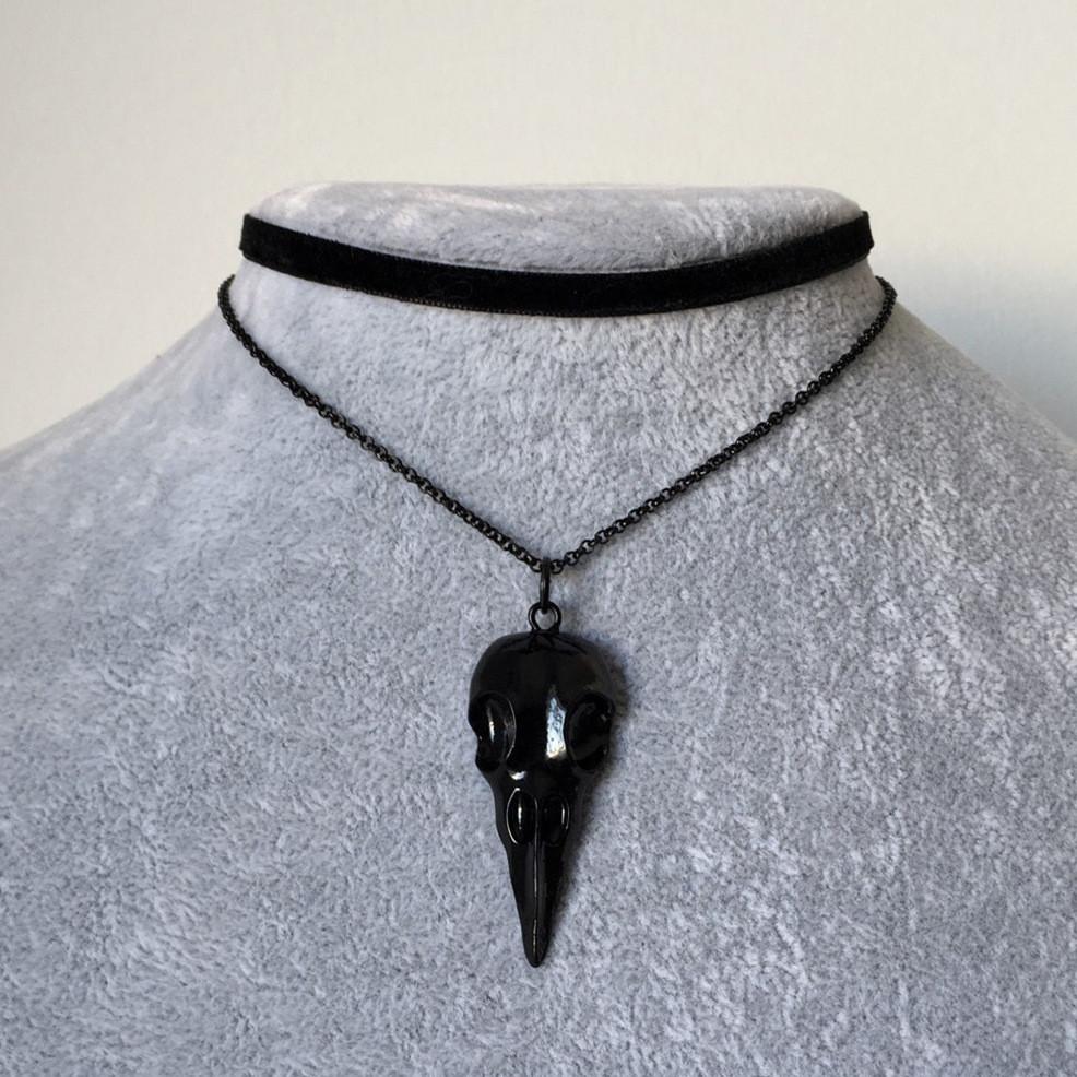 Gothic Black Rose Moon Raven Necklace With Geometric Pendant For Women