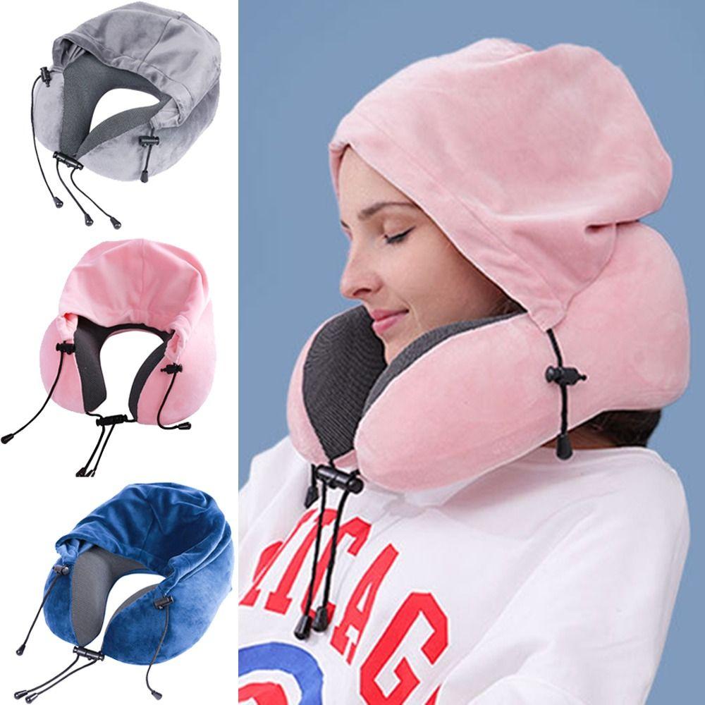 Soft Sponge Travel Neck Cushion Washable Cover Hooded Neckrest Pad Neck Pillow with Cap  Travel Use