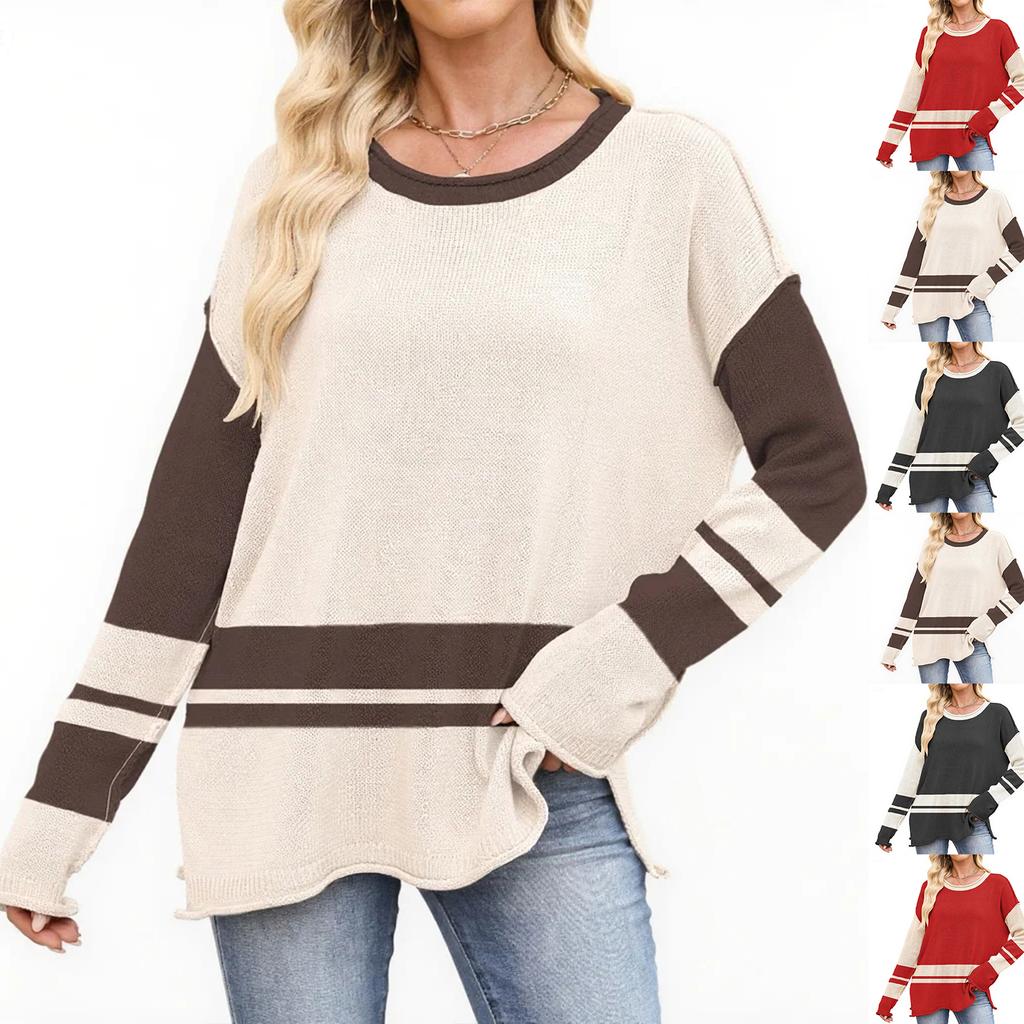 Women's Colorblock Round Neck Loose Casual Pullover Long Sleeve Sweater