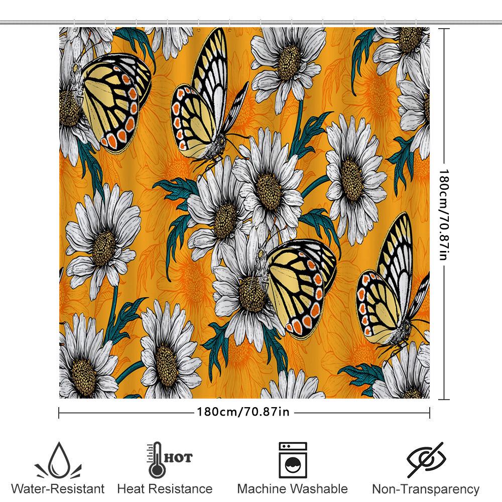 Sunflower Butterfly Printed Shower Curtains For Bathroom Decor Orange Color Floral Curtain With Rod Hooks Set (Yellow)
