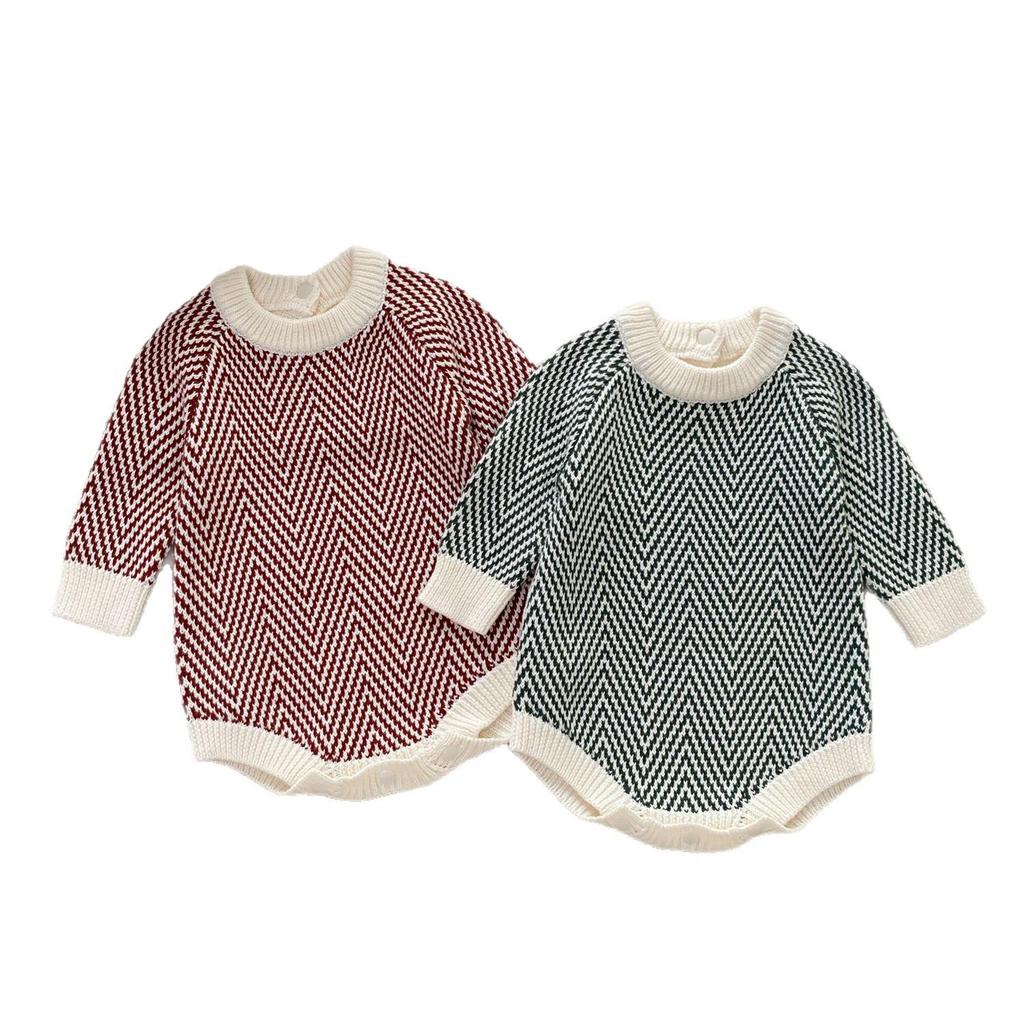Infant & Toddler Cotton Knit Wave Stripe Rompers - Unisex Autumn/Winter Style