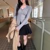 Korean Elegant Ruffle V-Neck Cardigan Women's Slimming Base Layer T-Shirt Top for Autumn/Winter