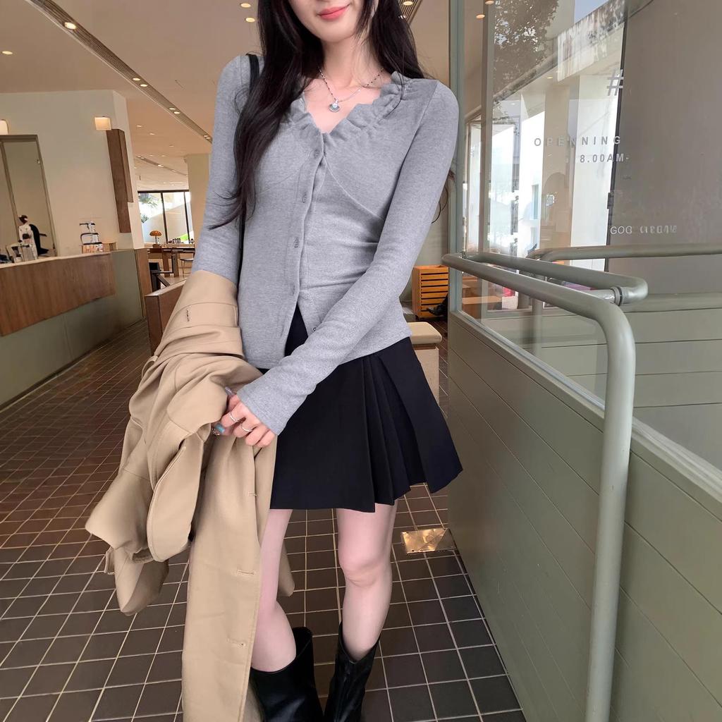 Korean Elegant Ruffle V-Neck Cardigan Women's Slimming Base Layer T-Shirt Top for Autumn/Winter