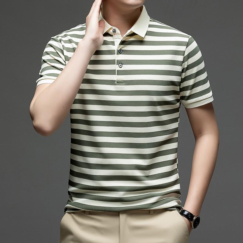 Summer Men's Trendy Casual Striped Short Sleeve T-Shirt Polo Shirt Fashion Loose Fit Lapel Collar Top