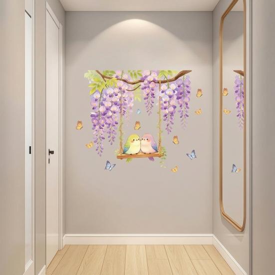 Watercolor Wisteria Birds Wall Decal, Self-Adhesive Residue-Free Window Sticker, Easy Apply Wall Sticker for Bedroom Kitchen Bathroom