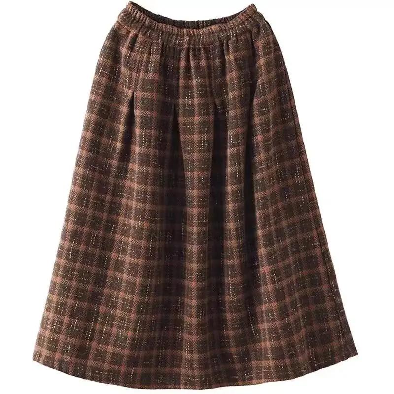 Wiosna Jesień Modna Casualowa Uniwersalna Wełniana Spódnica Damska z Wysokim Stanem, Długość do Połowy Łydki