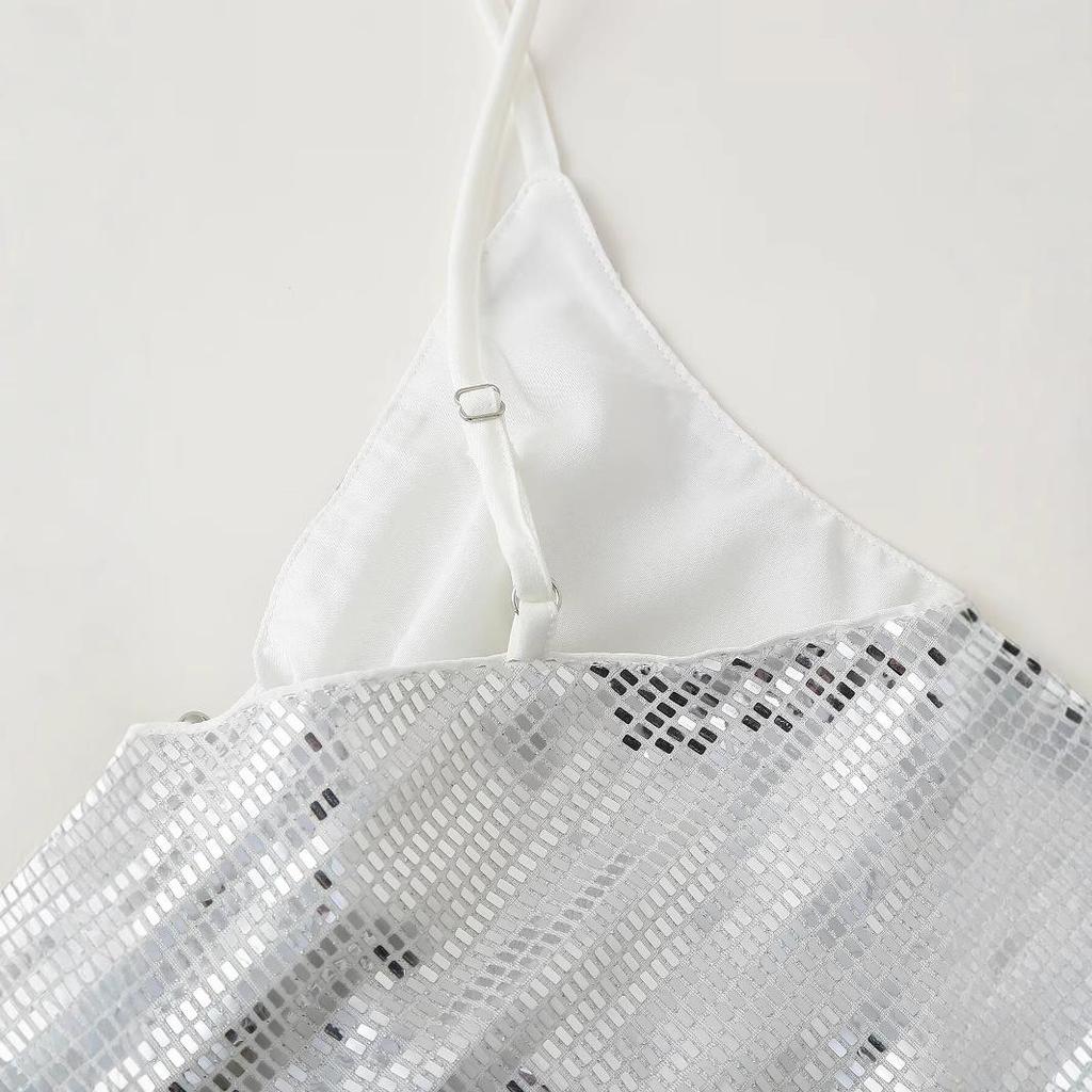 2024 Autumn V-Neck High Waist Sequin Spaghetti Strap Dress - European & American Style Women's Fashion