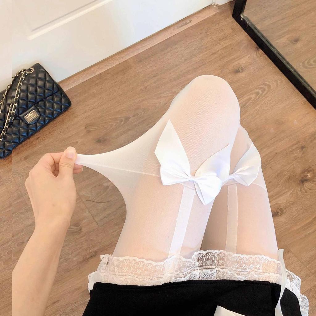 Damen Over-the-Knee Schwarze Strümpfe mit Trägern - Weiße Einteiler Strumpfhose