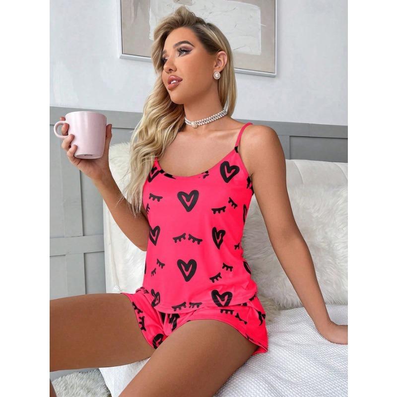 Women's Casual Heart Pattern Dark Pink Pajama Set