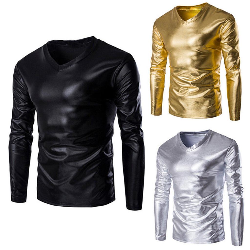 Mens Shiny Wet Look Long Sleeve T-shirt Top Slim Fit V Neck Blouse