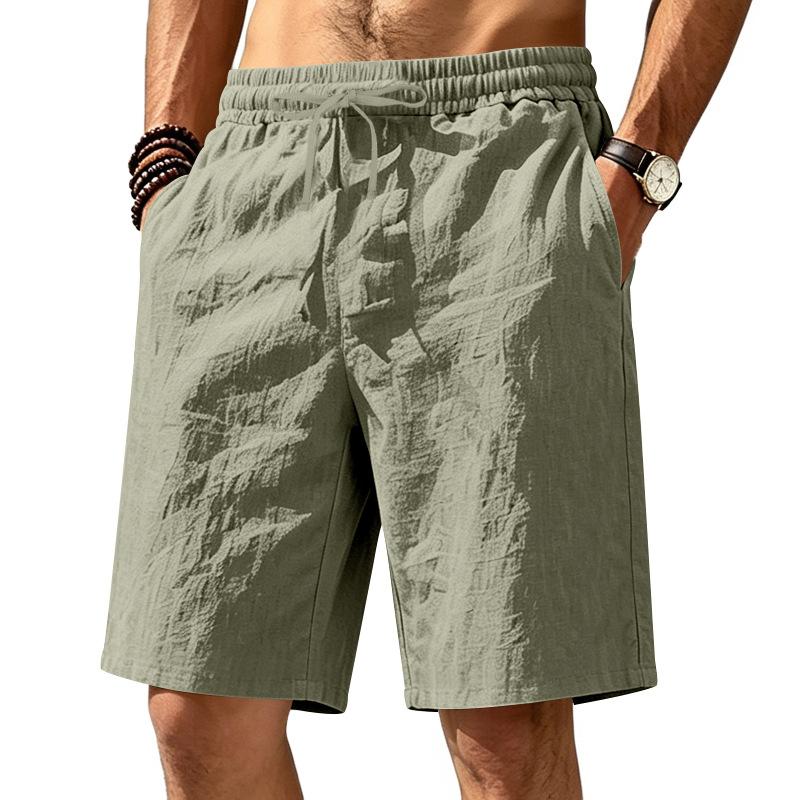 Summer Loose Linen Breathable Casual Sports Simple Solid Color Drawstring Vacation Beach Five Quarter Shorts