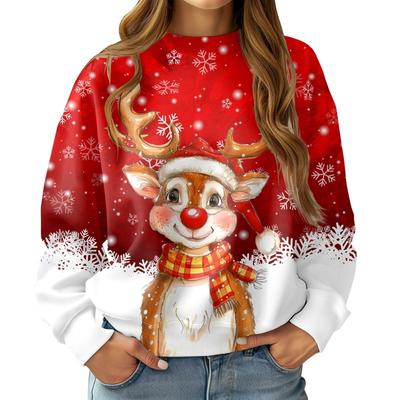 Winter New Deer Christmas Printed Loose Long Sleeved Warm Round Neck Pullover-Soft Medium Stretch Polyester Fabric Winter Relaxed Fit Clothing